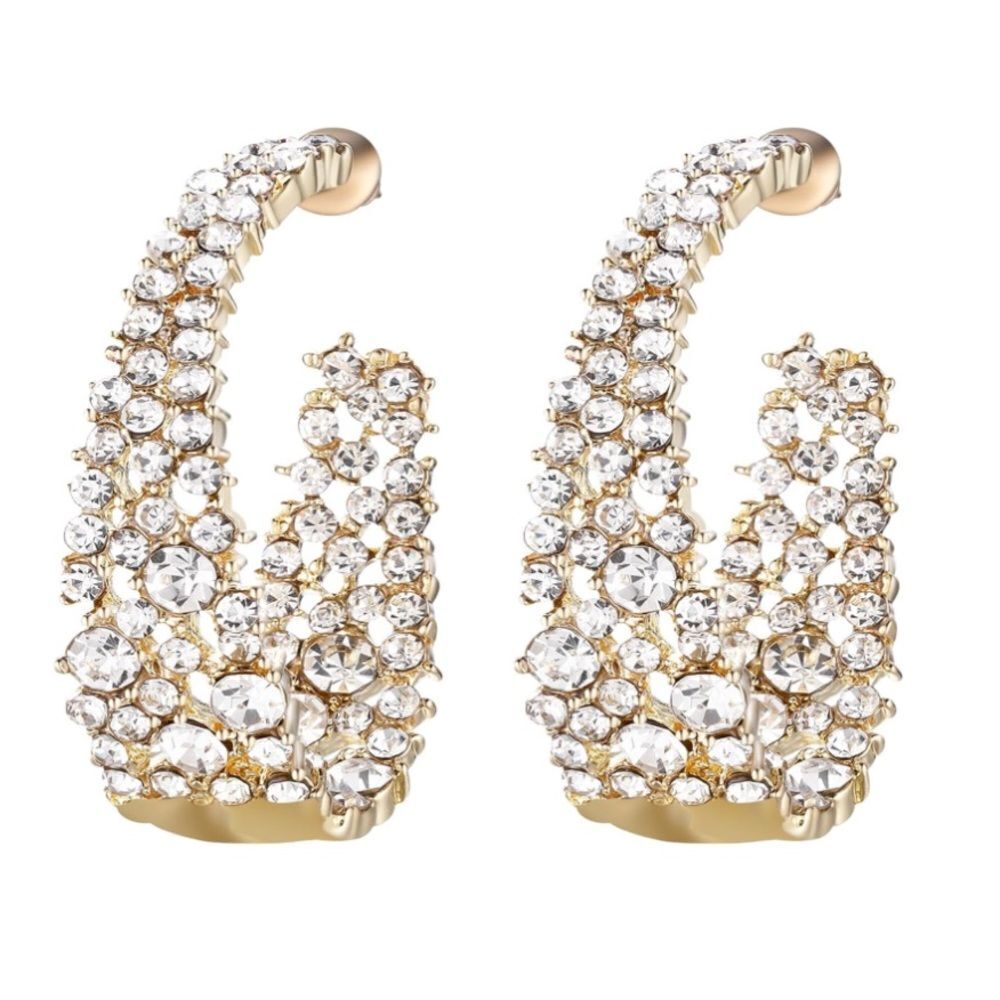 18k Yellow Gold and 925 Sterling Silver with White Diamond Crystal Hoop Earrings